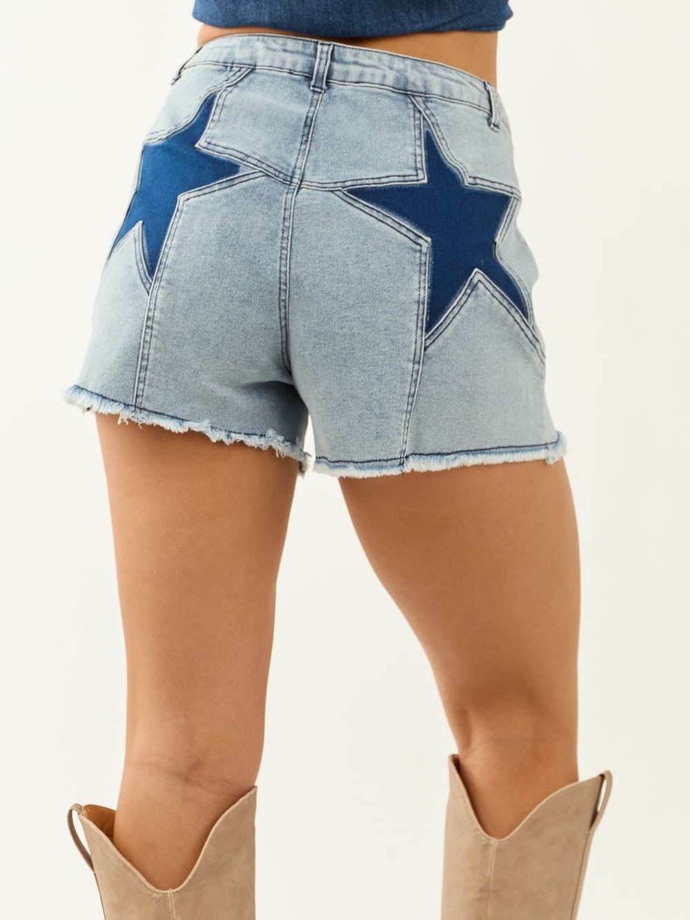Primosa Light Wash Denim Shorts with Navy Star Appliquรฉs